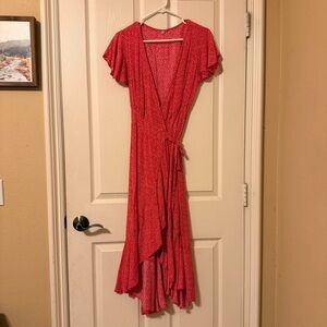 Boho Red Floral High-Low Flutter Sleeve Wrap Dress